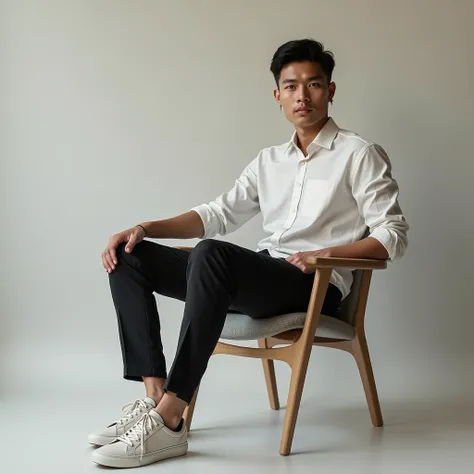 photography realistic.  Young Indonesian man wearing cool clothes.  Sit tight on a chair . Fold one leg . sneakers.