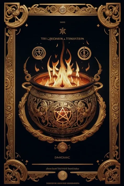  A close up of the cover of a mystical book featuring a whimsical illustration of a smoking cauldron of witchcraft with flames underneath,  adorned with intricate alchemical designs ,  surrounded by ornate details and mysterious symbols reminiscent of an a...