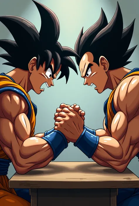 Goku and Vegeta straining their arms on a table