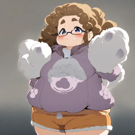 Anime, 1 girl, plump, fluffy hair, side-layered hair, brunette, curvy body, sports bra (((paw imprint))), jacket, short shorts, glasses, tail, shy Smile 