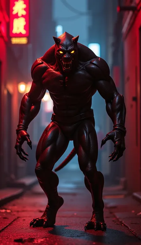 "A terrifying hybrid creature combining Daredevils agile, muscular form with the sleek, predatory traits of a panther, standing menacingly in the same dimly lit urban alley at night. The hybrid has Daredevils iconic red suit seamlessly blended with the pan...