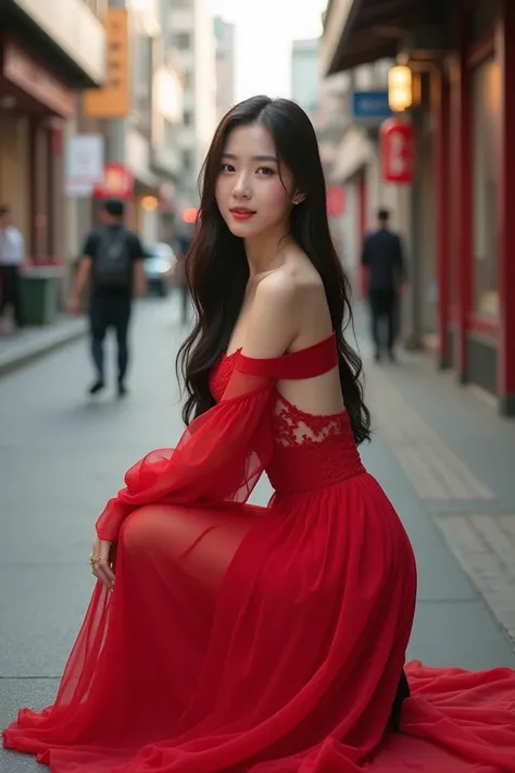 Beautiful Korean woman wearing red jaos long sleeve long sleeve model wearing boots sitting on a city side sidewalk sitting sideways while glancing at the camera a soft and cute smile. ultra HD, Realist. 