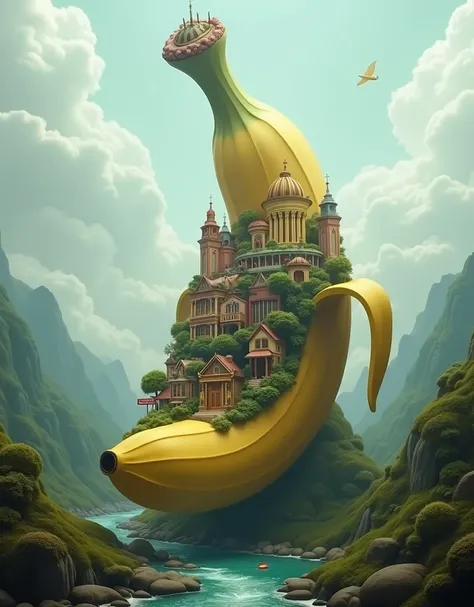 A colossal and gigantic banana standing alone transformed into a village that has of so many adorable and breathtaking victorian facades implanted all over it from the bottom to the top. a cathedral made of gold on that gigantic banana is on the top of a h...