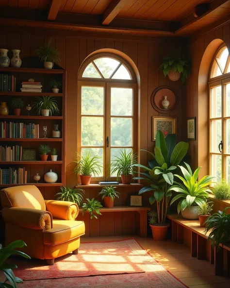 ghibli style. Woody room ,  golden light entering through the window ,  shelves containing glass of various plants, books 