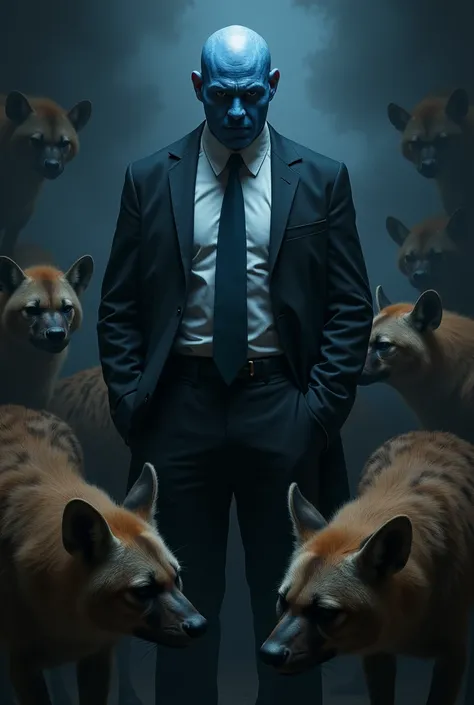 Man blue face in jacket with tie in a dark room aggressive hyenas around him 