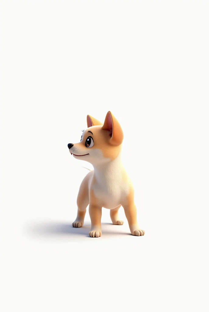 A small dog walking standing that is in profile on a white background 