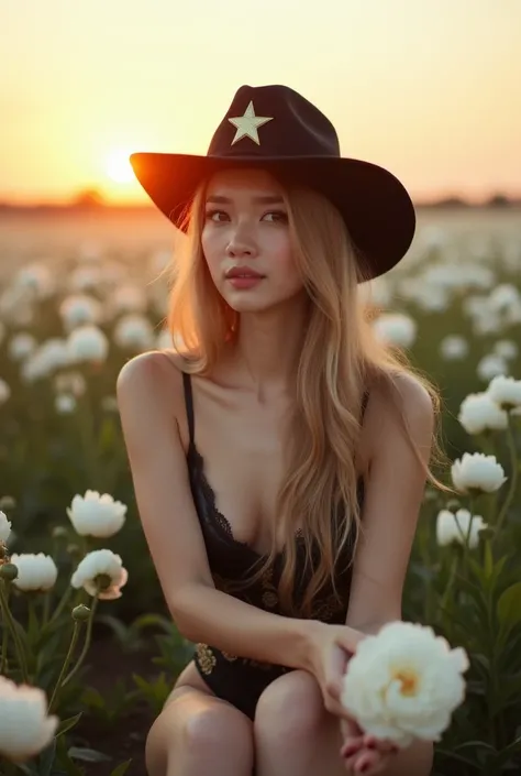  In a field with several white peonies and in the background a sunset , She is sitting on a brown fence , South Korean woman  ,   soft and shiny white skin  ,  ojos azules claros  ,    long eyelashes  ,   long hair , straight and clear  , periphery, natura...