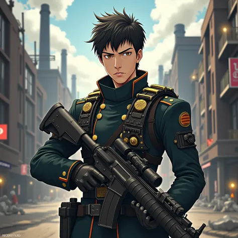 white man, soldier suit, With a rifle,  short black hair , brown eyes, in a city, steampunk theme ,  serious anime style