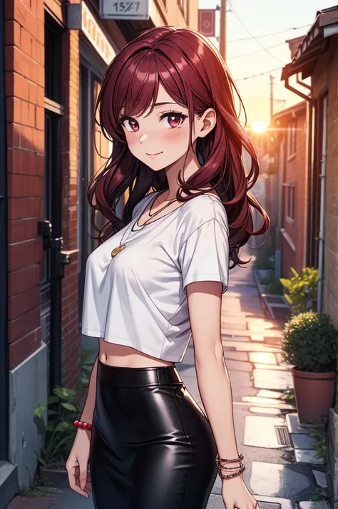 ((masterpiece, best quality:1.3, high detail)), beautiful woman, smile, view from side, looking at viewer, medium wavy hair, (maroon hair), full-face blush, (white t-shirt cropped), (long black pencil (skirt)), midriff, navel, necklace, bracelets, collarbo...