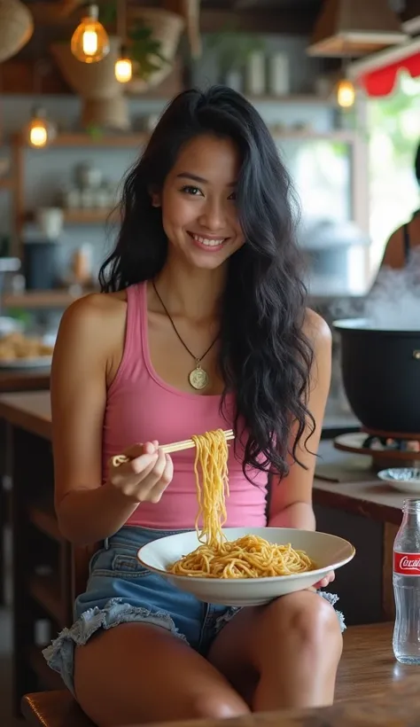 A Thai woman, about 22 years old, long black hair with curls at the ends, fair skin, wearing a pink tank top, and knee-length denim shorts, never seen before, sitting on a chair in a noodle shop, holding chopsticks to pick up noodles in her hand, a large b...