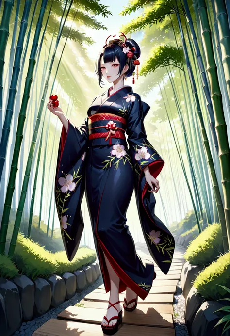 Modern Geisha
	•	A black model with delicate features and glowing skin stands in a bamboo forest at dusk. She wears a futuristic kimono with glowing embroidery that mimics cherry blossoms, paired with exaggerated, sculptural wooden geta sandals. Her hair i...