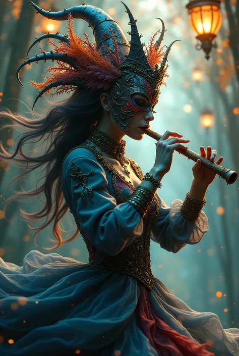 The Witch woman with carnival mask dancing and flute