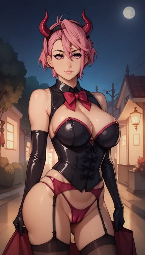 source_anime, best quality, clear face, Shiratori Aira momo from dan da dan, pink hair, light pink eyes, short hair, large breasts, perfect body, looking at viewer, sexy clothes, Sexy devil costume for Halloween and Cosplay. Set of bra with corset and skir...