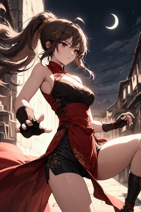 　 ponytail　  dark brown hair　 Oblique Eyes 　active　 Exposing shoulders　  Chest Slightly Open 　 thighs without bare neck　 Breasts are normal　Combat Uniform　 Dark Brown Eyes 　 Red Front Drape at Waist　Fingerless gloves　Ahoge　 long bangs 　The face of determin...