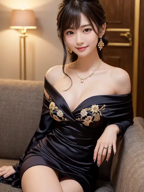 She is a very beautiful and well-styled Japanese woman in a dark night cabaret with romantic lighting wearing a short, silk-length, sexy, tight dress with lots of small jewels sewn with lots of slits and luxurious embroidery、(She has brown eyes and shoulde...