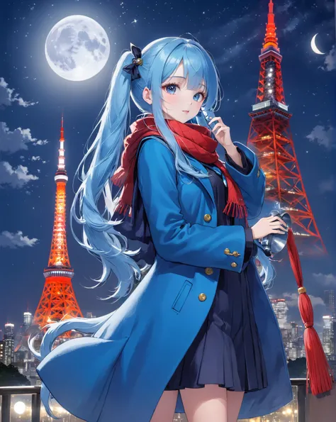  light blue long hair playing a handbell、 Beautiful Girl with Twin Tails 、Full moon night、 beautiful night sky、The big moon in the background of Tokyo Tower、 shooting stars、Blue long hair、blue long coat with red scarf、