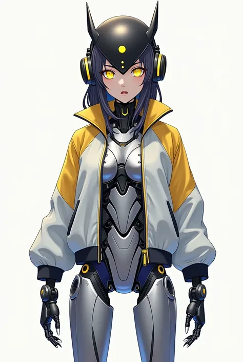 Anime girl with black and silver helmet with pointed antenna horns and yellow animated face, silver high neck robot body with black trim, white and yellow half open bomber jacket with indigo inside, silver right hand with black fingerless glove design and ...