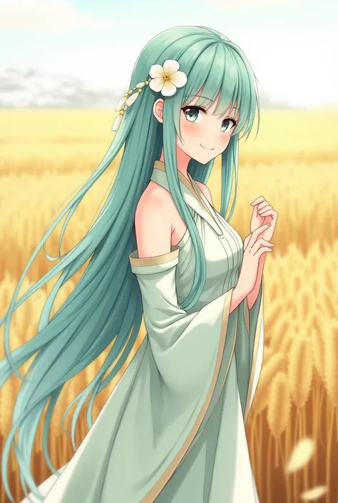 masterpiece, best quality, ultra highres, detailed illustration, portrait, detailed, 1girl standing in wheat field, solo, long hair, dress, flower, white hanfu, smile, full body, white flower, bare shoulders, very long hair, aqua hair, closed mouth, facing...