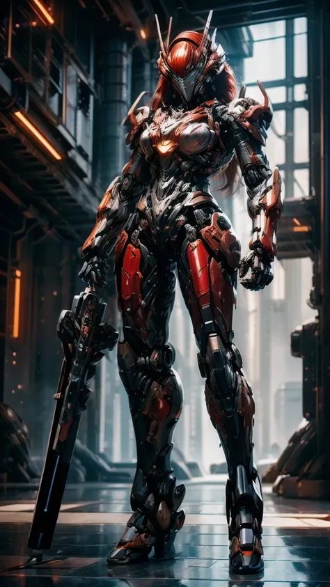 (Mechanical beauty) (realistic mecha art) (Beautiful woman in mecha attire) (intricate cybernetic enhancements) (sleek, futuristic armor) (no helm, long flowing red hair) (graceful pose) (high-tech background) (dynamic, realistic lighting), DSLR, 85mm, kod...