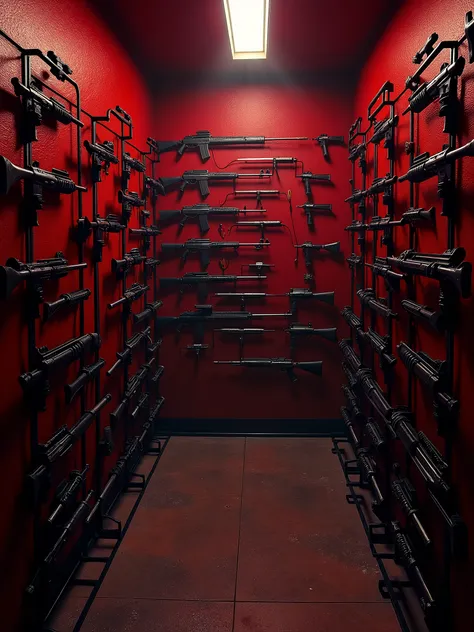 Red room with weapons of all kinds on the walls