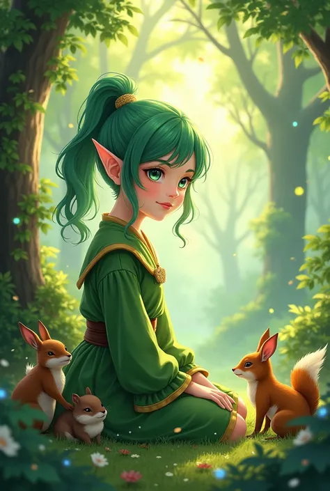 masterpiece, Best Quality, Very detailed, anime style , source_anime ,Girl,short,green hair,ponytail hair,elf ears, No expression, blushing, Noble elven costume, green costume, , (sleeping comfortably), The most beautiful nature, in the forest, (beautiful ...