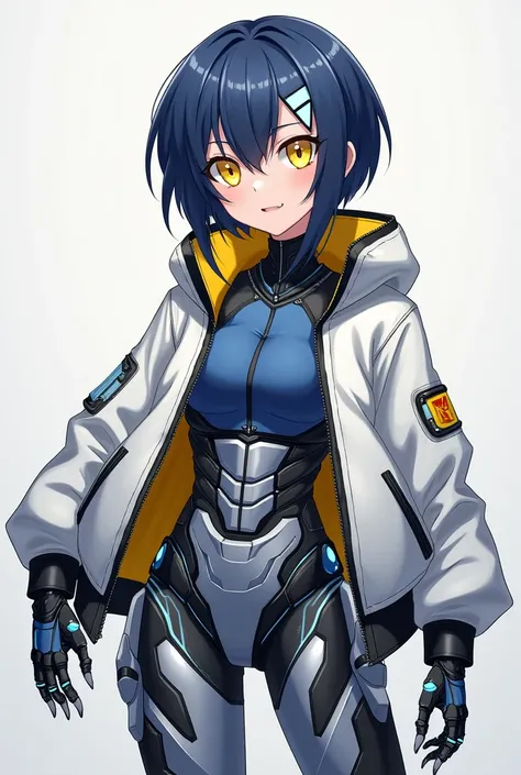 Anime girl with indigo top half and grey bottom half short hair with long left side bang, yellow eyes with white upside down triangle shaped left middle, silver high neck robot body with black trim, white and yellow half open bomber jacket with indigo insi...