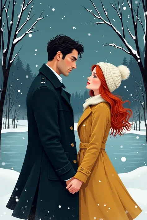  Create a cover for a romantic winter book .  It must have a man wearing a long black coat ,  with dark and wavy hair ,  marked jaw ,  male nose and attractive features .  He conveys seriousness and elegance .  Next to him is a red-haired girl ,  with wais...