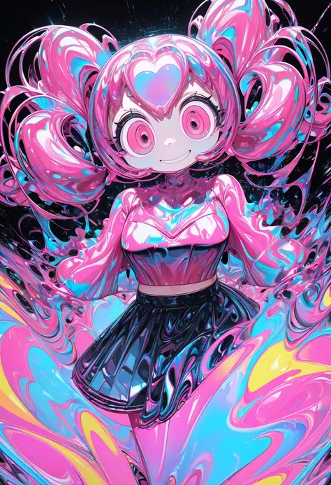 kawaii woman, pink shiny silky short side twin tails, happy shy smile, captivating big round eyes, superlative body proportion, wearing casual crop top and flared skirt outfit, background jet black room, huge pink heart shaped, fluorescent paint splashes s...