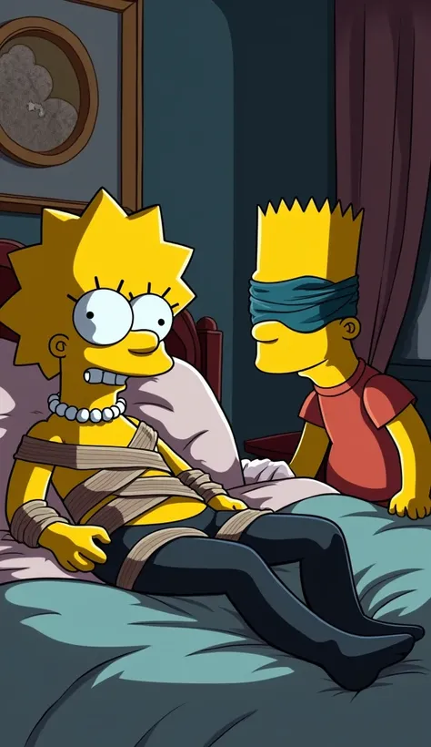 bart simpson watch marge simpson blindfolded and tied in her bed, marge´s clothing dark nylon Pantyhose, tights