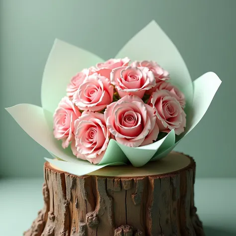 A bouquet of pink roses wrapped in mint-colored paper is lying on a tall stump