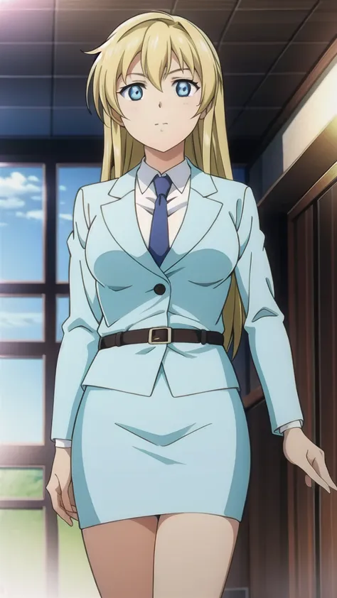 blonde、 long hair、bangs、white hair band、blue eyes、悲しいface, full body style 、 normal breasts、 narrow waist 、bare legs、 in a suit、...