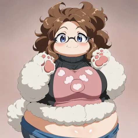 Anime, 1 girl, plump, fluffy hair, side-layered hair, brunette, curvy body, sports bra (((paw imprint))), jacket, short shorts, glasses, tail, shy Smile 