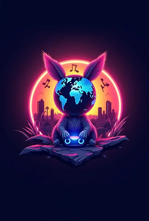 A logo of a world with a theme of music and games, with a kangaroo in the background behind the world, the entire design with LED light
