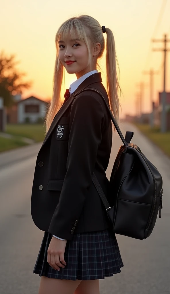  Photo of a beautiful  girl in school uniform .  She is wearing a black blazer ,  black quilted skirt logo  "mother", and black backpack .  Her hair is styled in a blonde pigtails and she looks over her shoulders towards the camera with a gentle smile.  Th...