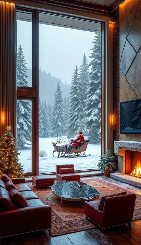 The interior of a lavish mansion set in a serene, snowy forest, captured with hyper-realistic detail. The room is adorned with luxurious furniture: a plush leather sofa with elegant stitching, a glass coffee table reflecting the soft glow of a crackling fi...