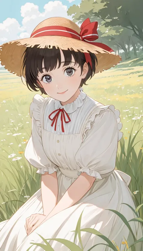 Woman, British, dark hair, big dark eyes, short hair, two hoop pigtails on either side of her head, big red ribbon hair accessory, yellow and white dress with puffy sleeves and big frills, Anne of Green Gables, Diana Barry, Ghibli anime style, sitting in g...