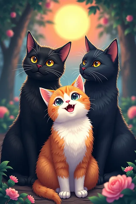 Two black cats and one orange and white cat with the words in the background THE SUN AMULET (anime like style)