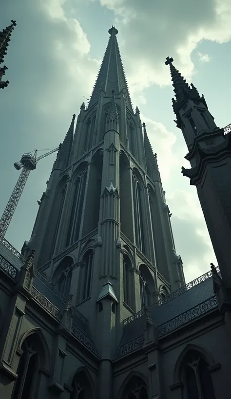 "A close-up of a Gothic cathedral spire, stretching into the sky, high stone columns and pointed arches, workers on scaffolding adding final details to the spire, a vast cloudy sky in the background, dramatic lighting casting long shadows, cinematic photor...