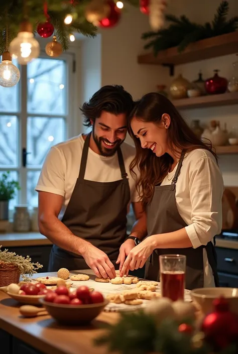 Book cover " Christmas Love Recipes "  passes. The cover of the book portrays a cozy moment in a kitchen decorated with Christmas elements such as garlands and twinkling lights. The couple,  Felipe and Ana ,  are having fun while preparing typical Christma...