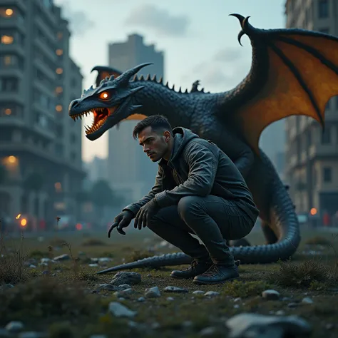 dragon, apocalyptic atmosphere, Barcelona skyline in background, engineer in streetwear, crouched hiding pose, soccer field foreground, chaotic debris scattered, dim twilight lighting, shadows cast by crumbling buildings, dragons scales metallic and weathe...