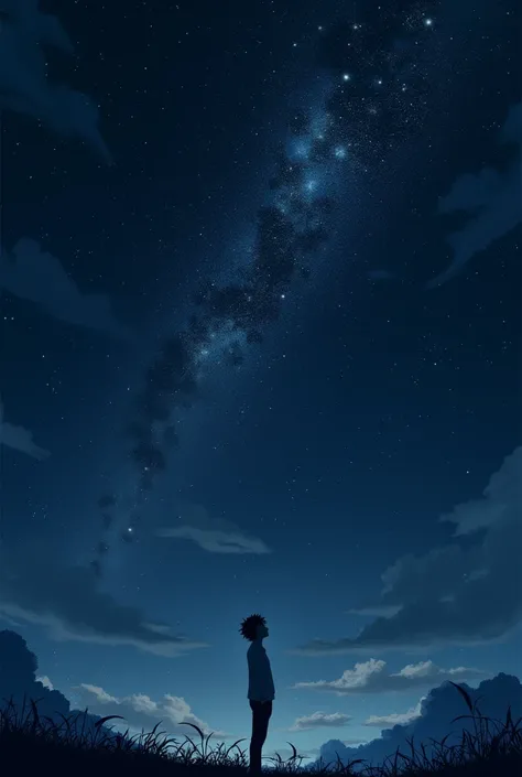 Create an image in the style of Makoto Shinka A night sky filled with countless stars, with a silhouette of a person looking up.