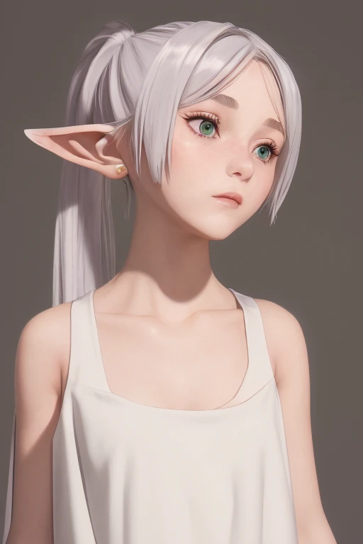 itch®,1girl in,Alone,elf,White hair,Grey Hair,Early Leaveless Dress,White Dress,Sleeveless dress,Bare shoulders,clavicle,nffsw,pointy ear,Long hair,Ponytail,Green eyes,Twin-tailed,Parted bangs,Thick eyebrows,To NSFW,Small breasts,cleavage,arms behind back,...