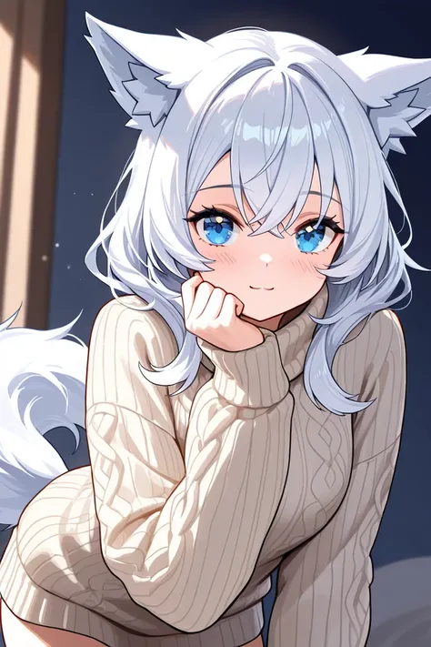 Waifu Ice Wolf, HD, high resolution, UHD, with ears and a wolfs tail with sweater, with white hair