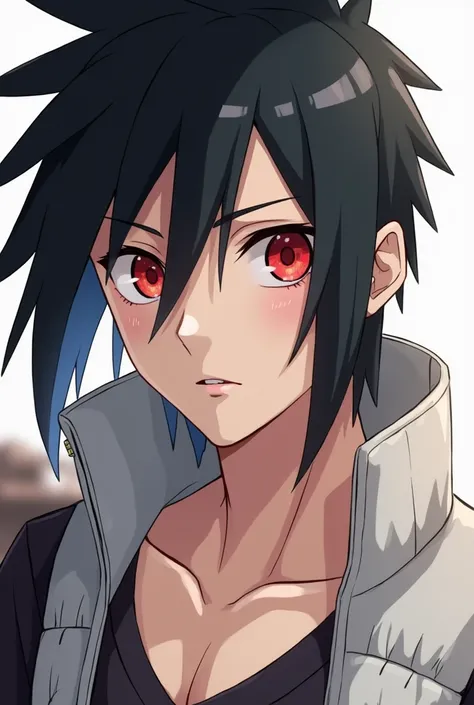 anime boy, He is 18 years old and is very masculine, You have part of your chest uncovered, He is a ninja from Konoha with red eyes and his pupil is white with a horizontal line and black hair, His clothes are a mesh with a white vest
