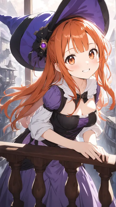 1 girl, (cute face), 18 years old, to many hairstyle, (curious, wide smile), (blush), medium breasts, slim, (wearing fantasy game style witchs costume, Dirndl), (witchs Hat:1.2), (leaning forward:1.2), (standing, breast rest on handrail), looking at viewer...