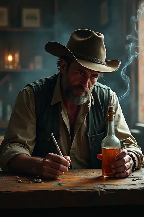 Cowboy crying at a bar table with a bottle and a cigarette 