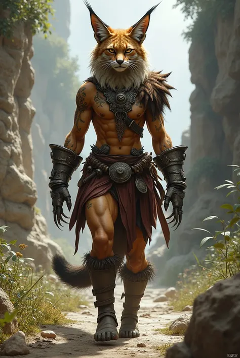 Caracal catfolk barbarian with metal gauntlets