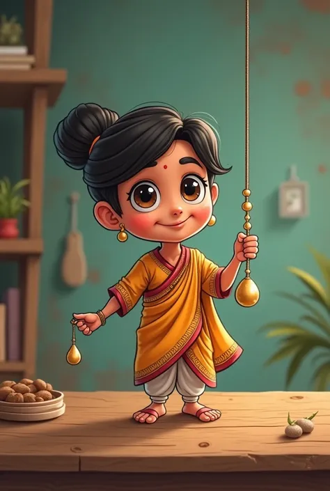  Clothed Indian cartoon, with a pendulum at your fingertips, on a wooden table