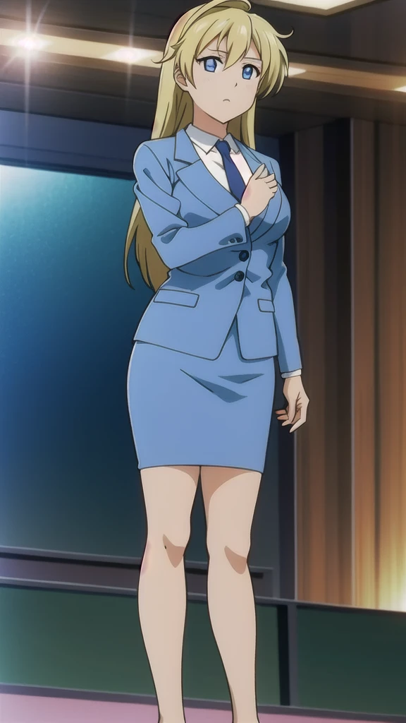 Blonde、 long hair、Hair band、茶colorの瞳、悲しいface, Full Body Style 、 normal breasts、 narrow waist 、Bare legs、 in a suit、 blue jacket ,襟付き shirt, shirt,  blue tie,belt,,  Blue Mini Pencil Skirt, black tights,white heel pumps, Official Art, Extremely Detailed CG ...