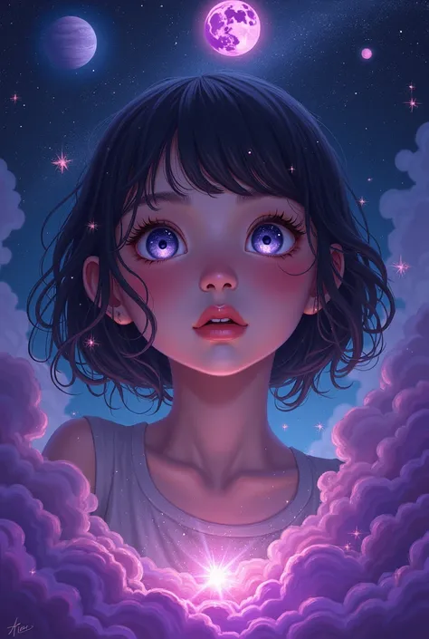 girl drawn with mesmerized eyes and the background of the image is space with purple planets